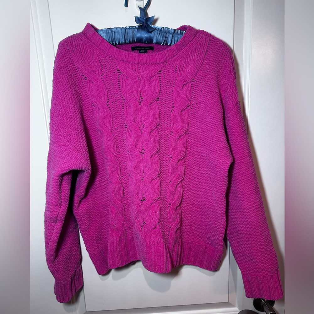 American Eagle Pink Chunky Cable Knit Sweater Plush Cozy Pullover Medium - Picture 6 of 12